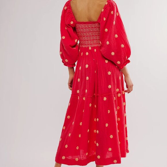 Free People Dahlia Embroidered Maxi Dress Smocked Watermelon Size Small NWOT - Picture 2 of 4